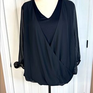 JM Collection Black Sheer Faux Wrap Overlay Blouse Sz L
